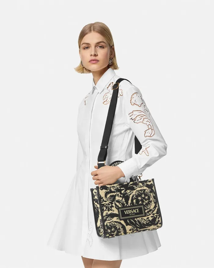 Totes Women Versace Barocco Athena Raffia Small Tote Bag Blackprint
