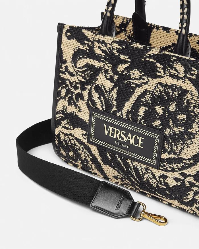 Totes Women Versace Barocco Athena Raffia Small Tote Bag Blackprint