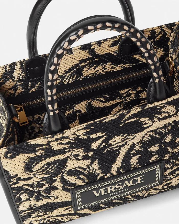 Totes Women Versace Barocco Athena Raffia Small Tote Bag Blackprint