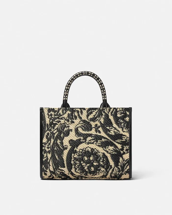 Totes Women Versace Barocco Athena Raffia Small Tote Bag Blackprint