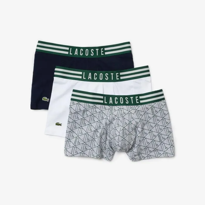 Underwear and Socks Men Lacoste Mens Striped Waist Stretch Cotton Trunk 3Pack Grey Chine White Navy Blue Tya