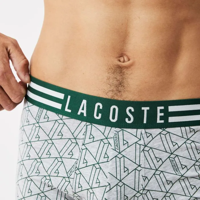 Underwear and Socks Men Lacoste Mens Striped Waist Stretch Cotton Trunk 3Pack Grey Chine White Navy Blue Tya