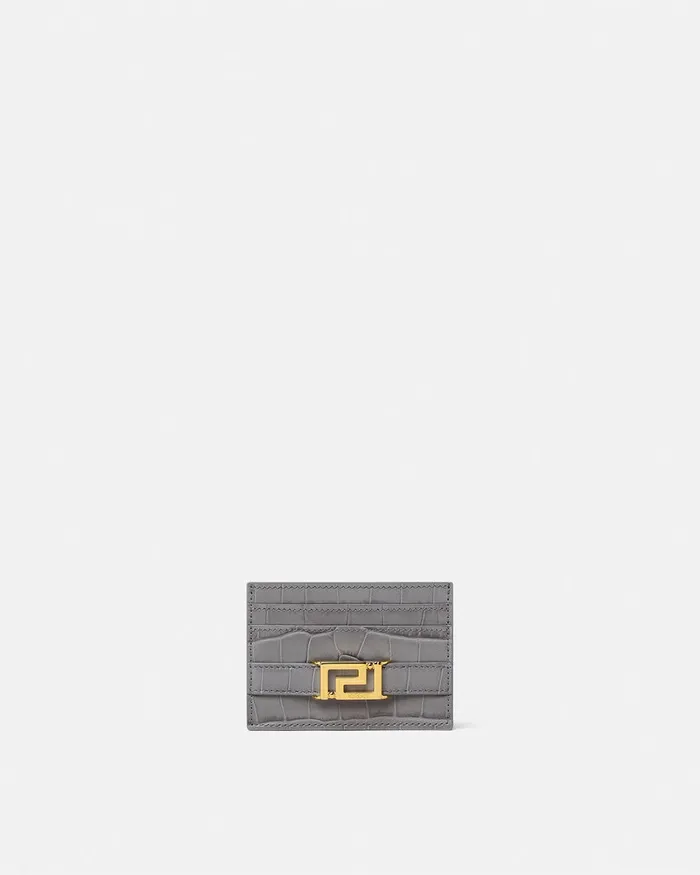 Wallets Women Versace CrocEffect Greca Goddess Card Holder Gray