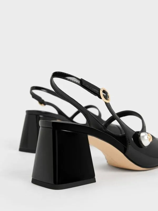 Women Aeryn Patent PearlEmbellished Slingback Pumps 8211 Black Patent CHARLES and KEITH Heels