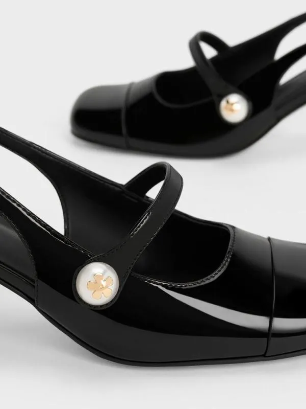 Women Aeryn Patent PearlEmbellished Slingback Pumps 8211 Black Patent CHARLES and KEITH Heels