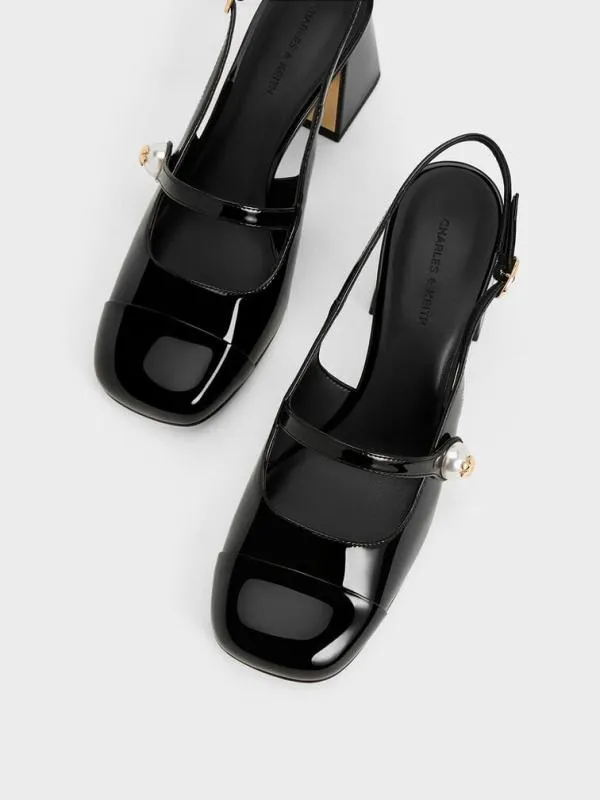Women Aeryn Patent PearlEmbellished Slingback Pumps 8211 Black Patent CHARLES and KEITH Heels
