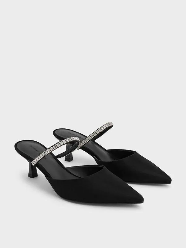 Women Ambrosia Textured GemEmbellished PointedToe Mules 8211 Black Textured CHARLES and KEITH Heels