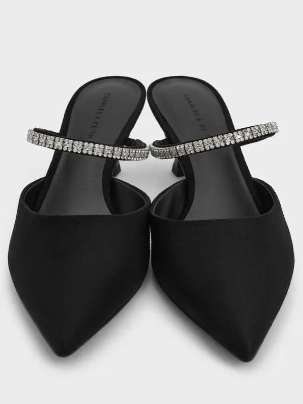 Women Ambrosia Textured GemEmbellished PointedToe Mules 8211 Black Textured CHARLES and KEITH Heels