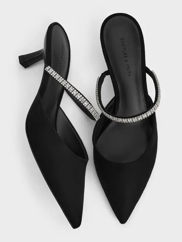 Women Ambrosia Textured GemEmbellished PointedToe Mules 8211 Black Textured CHARLES and KEITH Heels