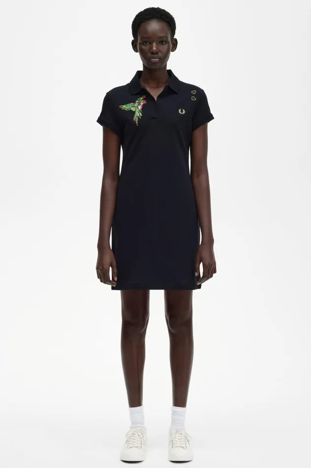Women Amy Winehouse FoundationEmbroidered Piqu Dress Black Fred Perry Dresses