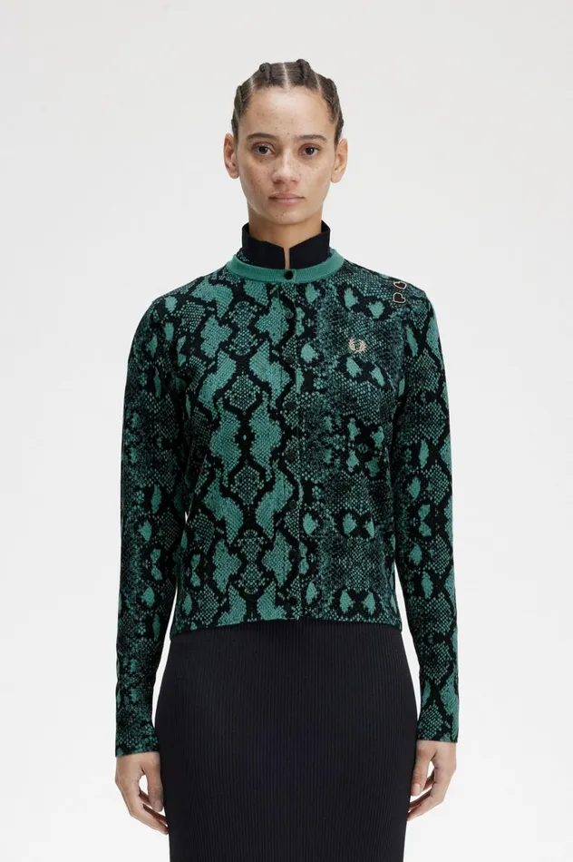 Women Amy Winehouse FoundationSnake Print Cardigan Deep Mint Fred Perry Knitwear