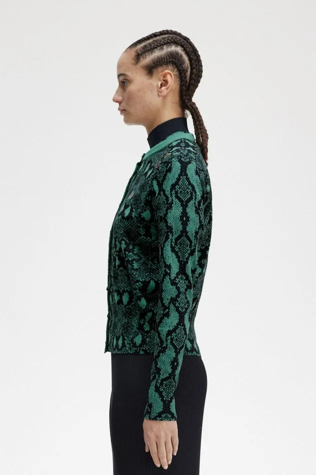 Women Amy Winehouse FoundationSnake Print Cardigan Deep Mint Fred Perry Knitwear