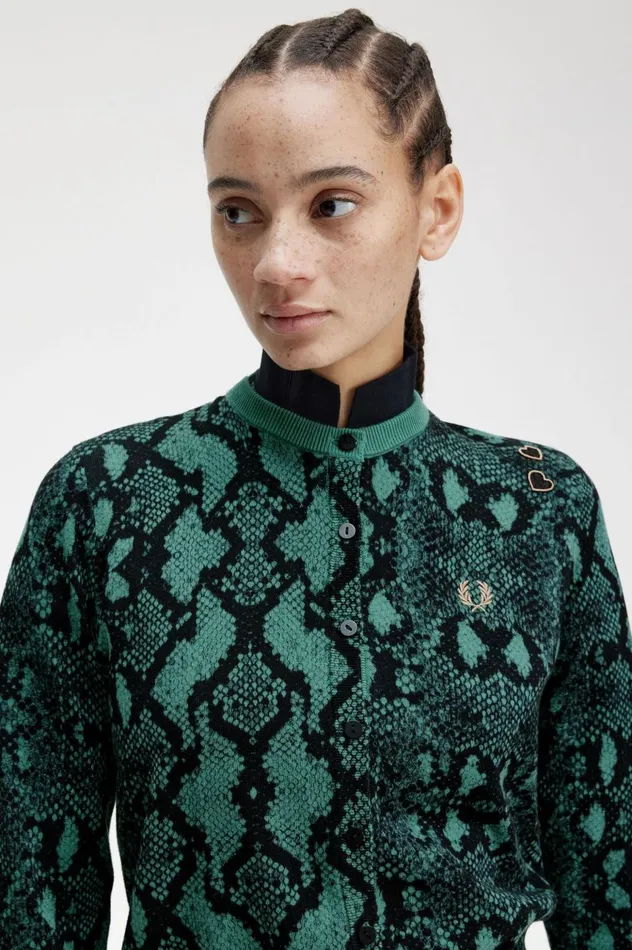 Women Amy Winehouse FoundationSnake Print Cardigan Deep Mint Fred Perry Knitwear