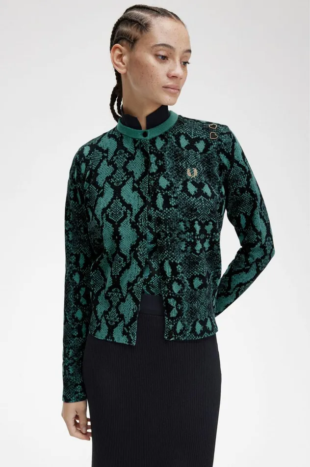 Women Amy Winehouse FoundationSnake Print Cardigan Deep Mint Fred Perry Knitwear