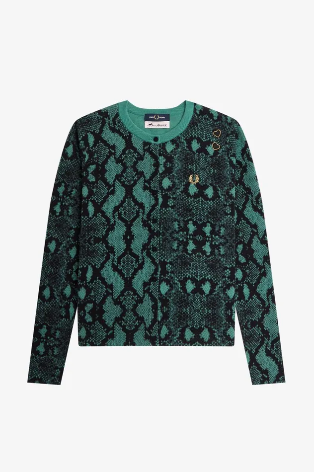 Women Amy Winehouse FoundationSnake Print Cardigan Deep Mint Fred Perry Knitwear