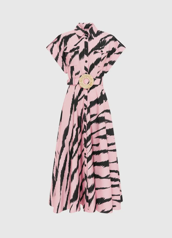 Women Anita Pocket Shirt Midi Dress 8211 Tiger Print in Pink Dresses and Jumpsuits LEO LIN