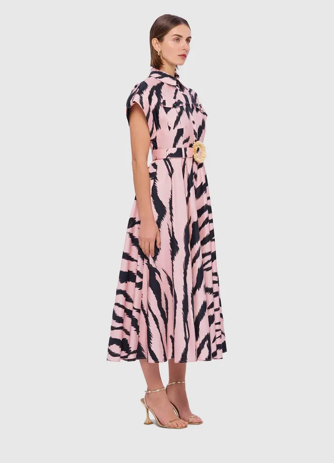 Women Anita Pocket Shirt Midi Dress 8211 Tiger Print in Pink Dresses and Jumpsuits LEO LIN
