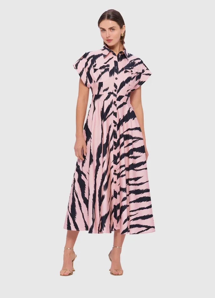 Women Anita Pocket Shirt Midi Dress 8211 Tiger Print in Pink Dresses and Jumpsuits LEO LIN