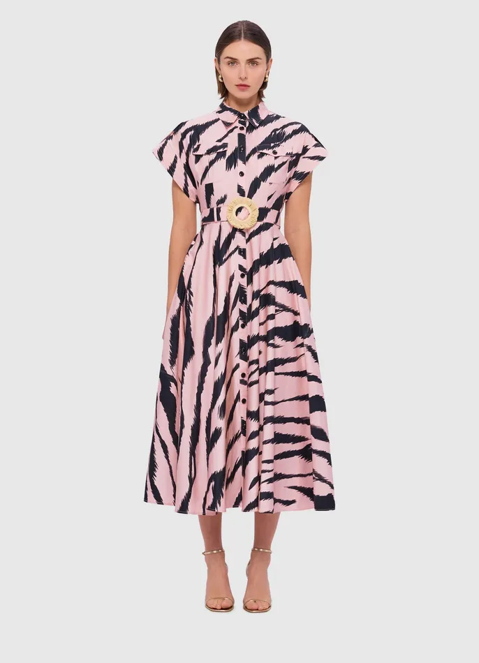 Women Anita Pocket Shirt Midi Dress 8211 Tiger Print in Pink Dresses and Jumpsuits LEO LIN