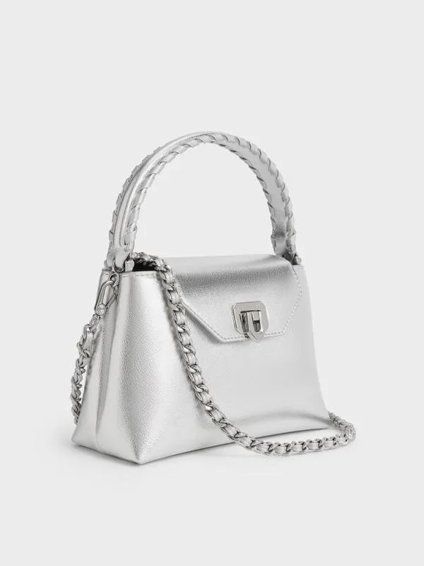 Women Arwen Metallic BraidedStrap Top Handle Bag 8211 Silver CHARLES and KEITH Top Handle Bags