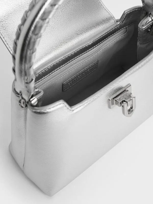 Women Arwen Metallic BraidedStrap Top Handle Bag 8211 Silver CHARLES and KEITH Top Handle Bags