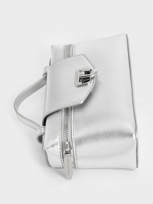 Women Arwen Metallic Top Handle Vanity Bag 8211 Silver CHARLES and KEITH Top Handle Bags