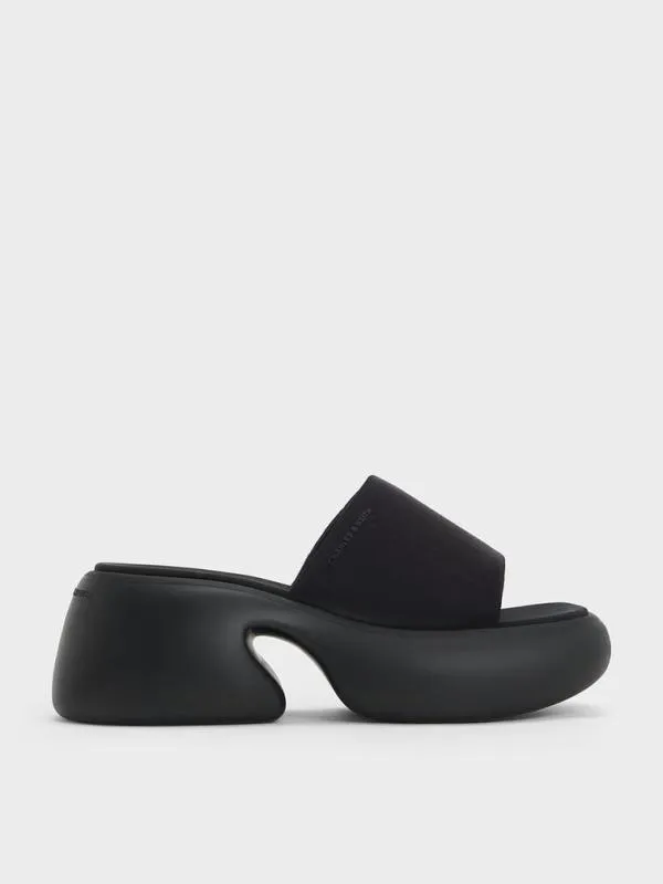 Women Baxie Silk Platform Mules 8211 Black Textured CHARLES and KEITH Wedges