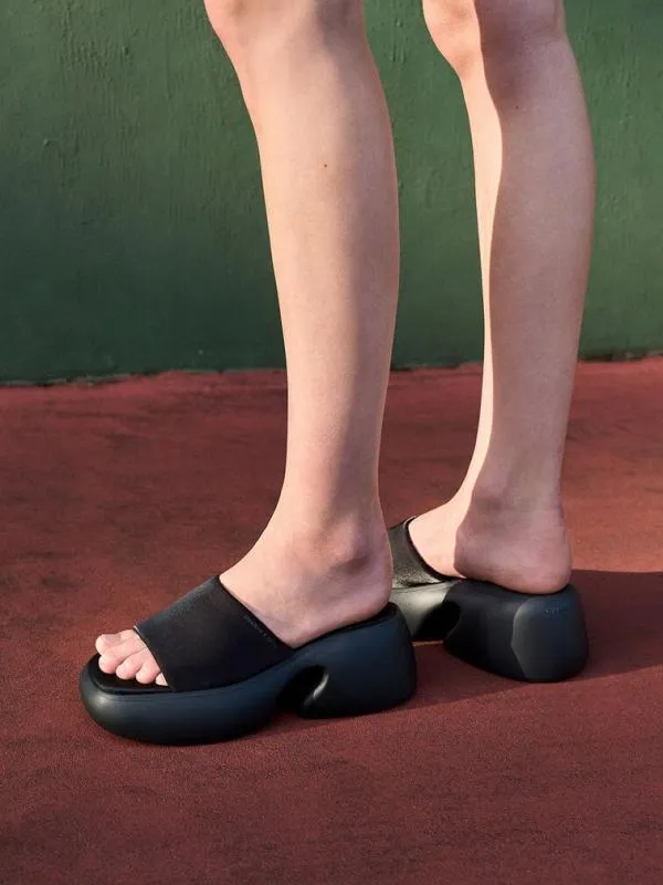 Women Baxie Silk Platform Mules 8211 Black Textured CHARLES and KEITH Wedges