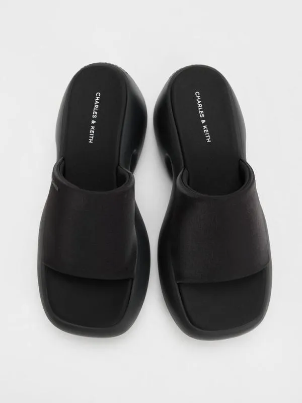 Women Baxie Silk Platform Mules 8211 Black Textured CHARLES and KEITH Wedges