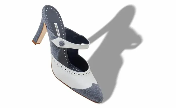 Women Blue And White Denim Mules Manolo Blahnik Mules