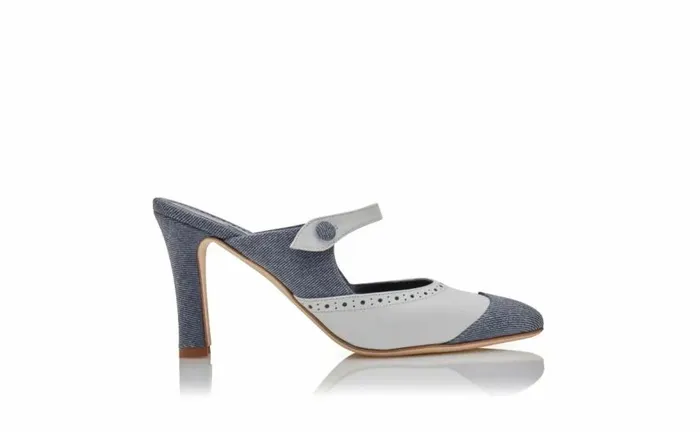 Women Blue And White Denim Mules Manolo Blahnik Mules