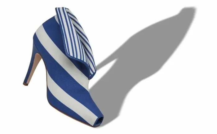 Women Blue And White Striped Cotton Shoe Booties Manolo Blahnik Boots