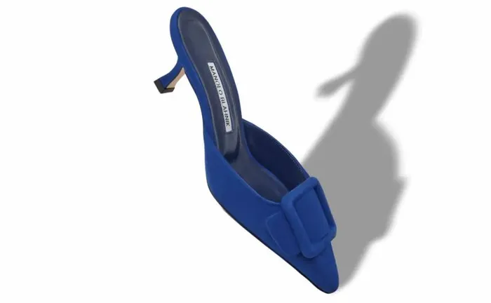 Women Blue Suede Buckle Detail Mules Manolo Blahnik Mules