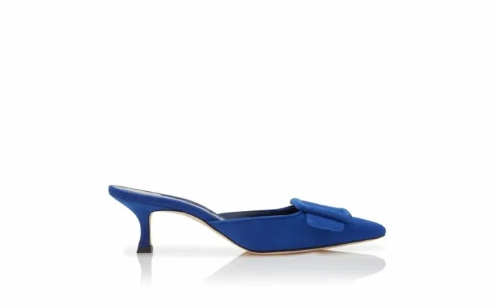 Women Blue Suede Buckle Detail Mules Manolo Blahnik Mules