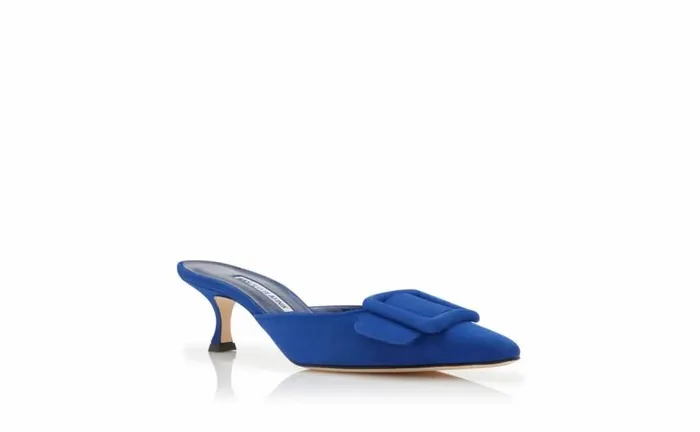 Women Blue Suede Buckle Detail Mules Manolo Blahnik Mules