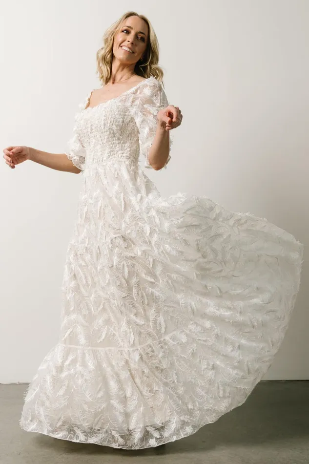 Women Bridal Baltic Born Paloma Smocked Feather Maxi Dress Off White