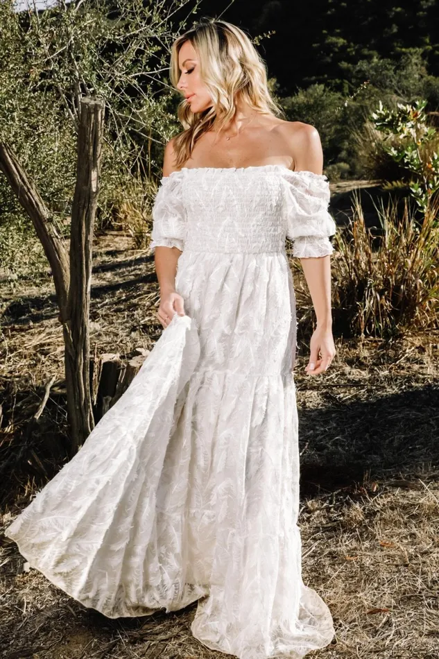 Women Bridal Baltic Born Paloma Smocked Feather Maxi Dress Off White
