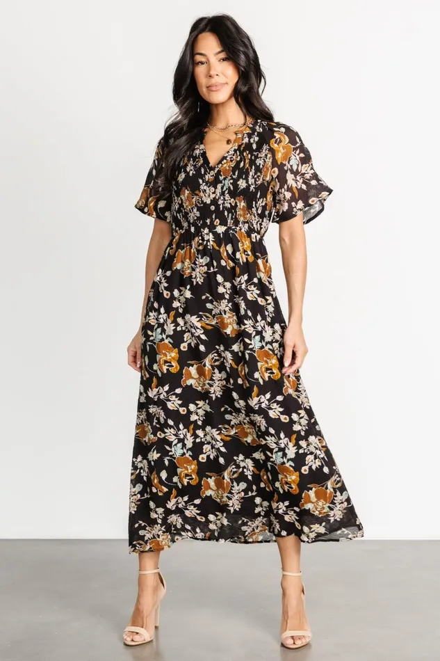 Women Bump Friendly Baltic Born Hathaway Midi Dress Black Floral