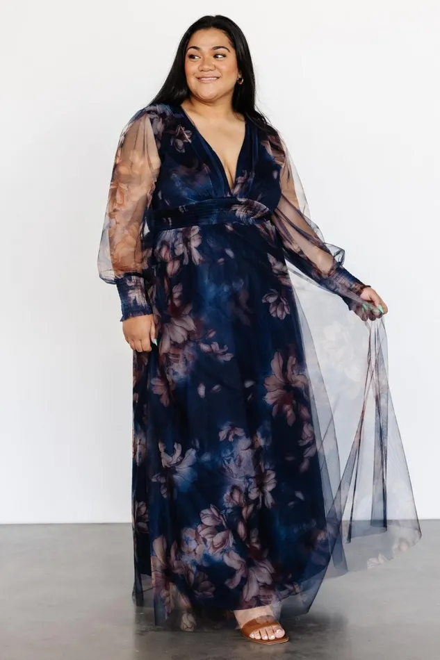 Women Bump Friendly Baltic Born Layla Tulle Maxi Dress Dark Blue Floral