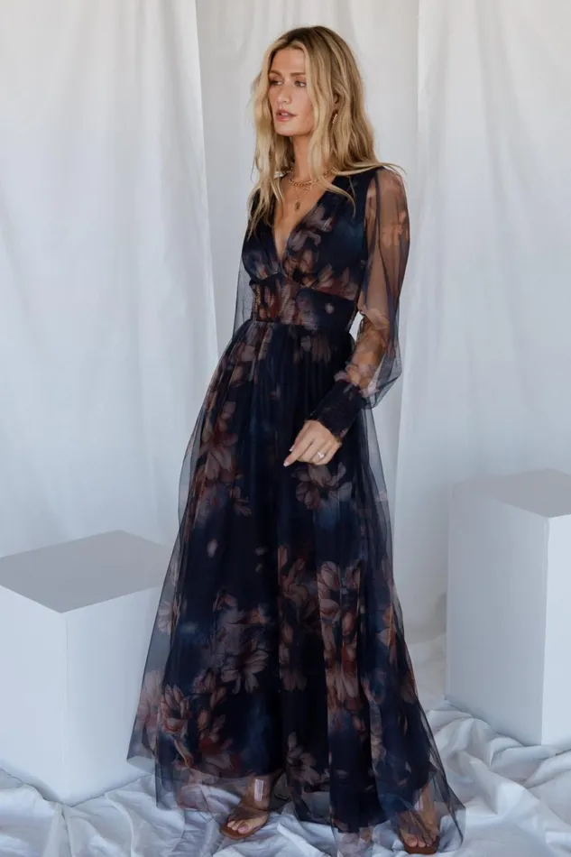 Women Bump Friendly Baltic Born Layla Tulle Maxi Dress Dark Blue Floral