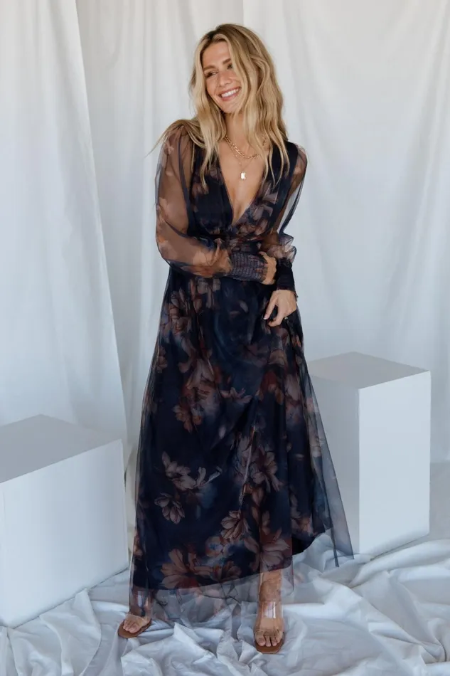 Women Bump Friendly Baltic Born Layla Tulle Maxi Dress Dark Blue Floral