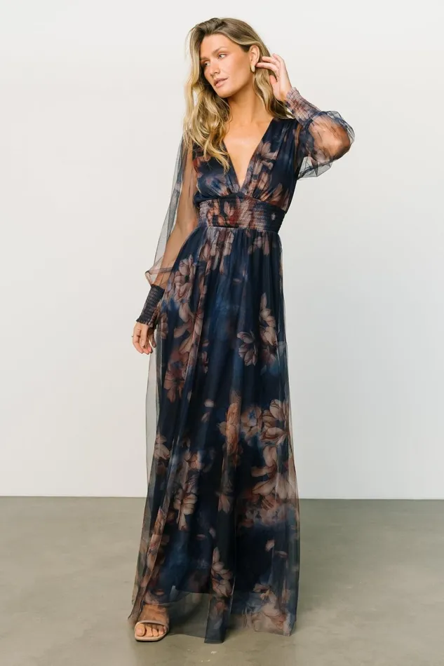 Women Bump Friendly Baltic Born Layla Tulle Maxi Dress Dark Blue Floral