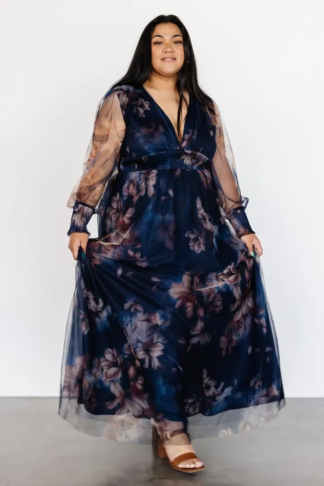 Women Bump Friendly Baltic Born Layla Tulle Maxi Dress Dark Blue Floral