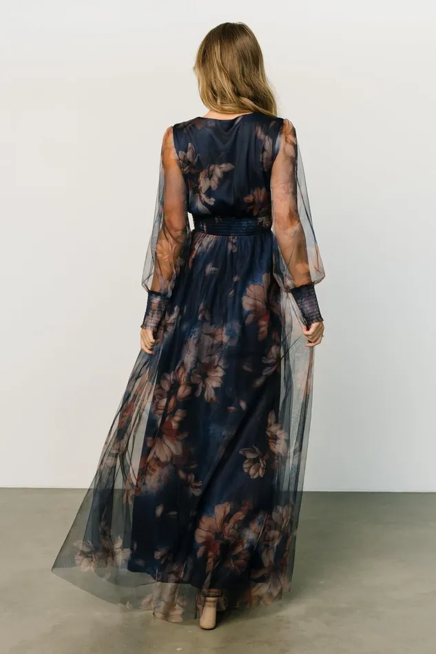 Women Bump Friendly Baltic Born Layla Tulle Maxi Dress Dark Blue Floral