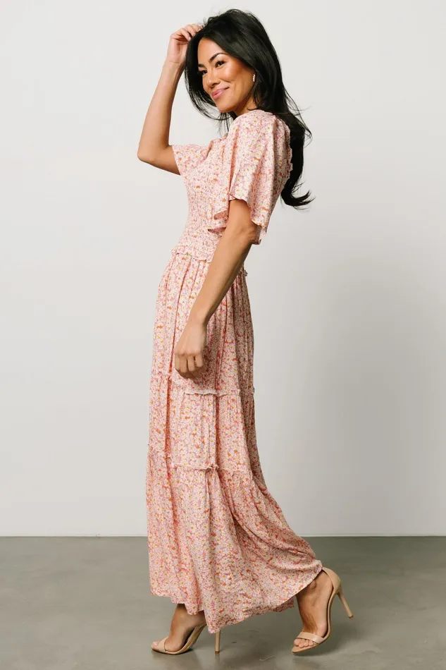 Women Bump Friendly Baltic Born Regina Smocked Maxi Dress Coral Floral