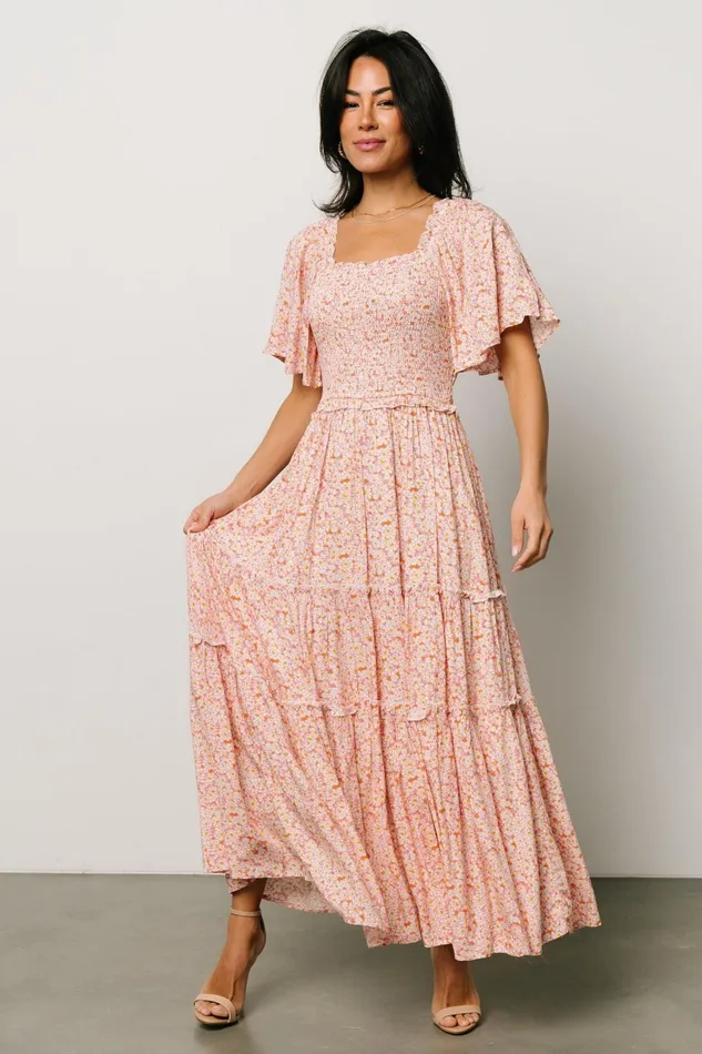 Women Bump Friendly Baltic Born Regina Smocked Maxi Dress Coral Floral