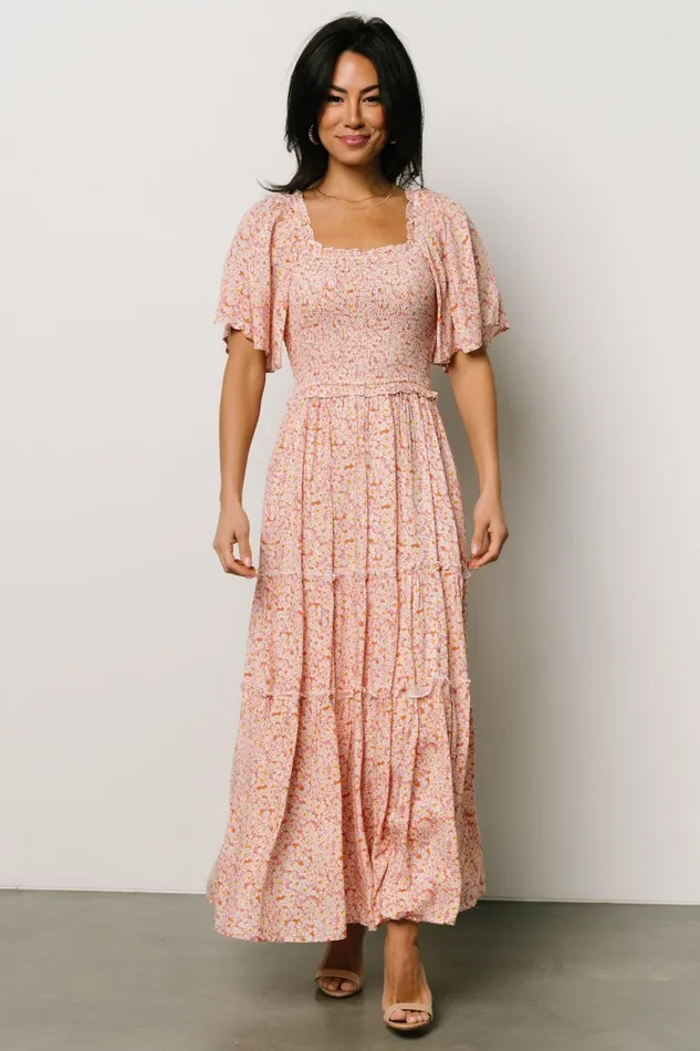 Women Bump Friendly Baltic Born Regina Smocked Maxi Dress Coral Floral