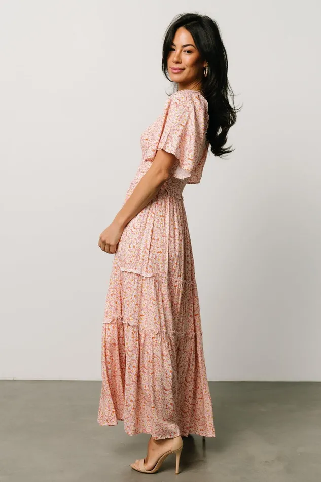 Women Bump Friendly Baltic Born Regina Smocked Maxi Dress Coral Floral