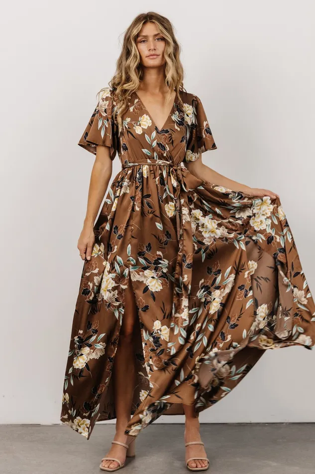 Women Bump Friendly Baltic Born Sicily Satin Maxi Dress Mocha Floral