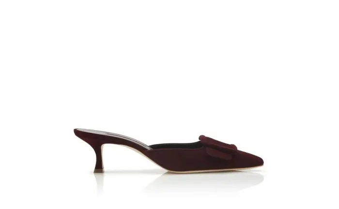 Women Burgundy Suede Kitten Heel Mules Manolo Blahnik Mules